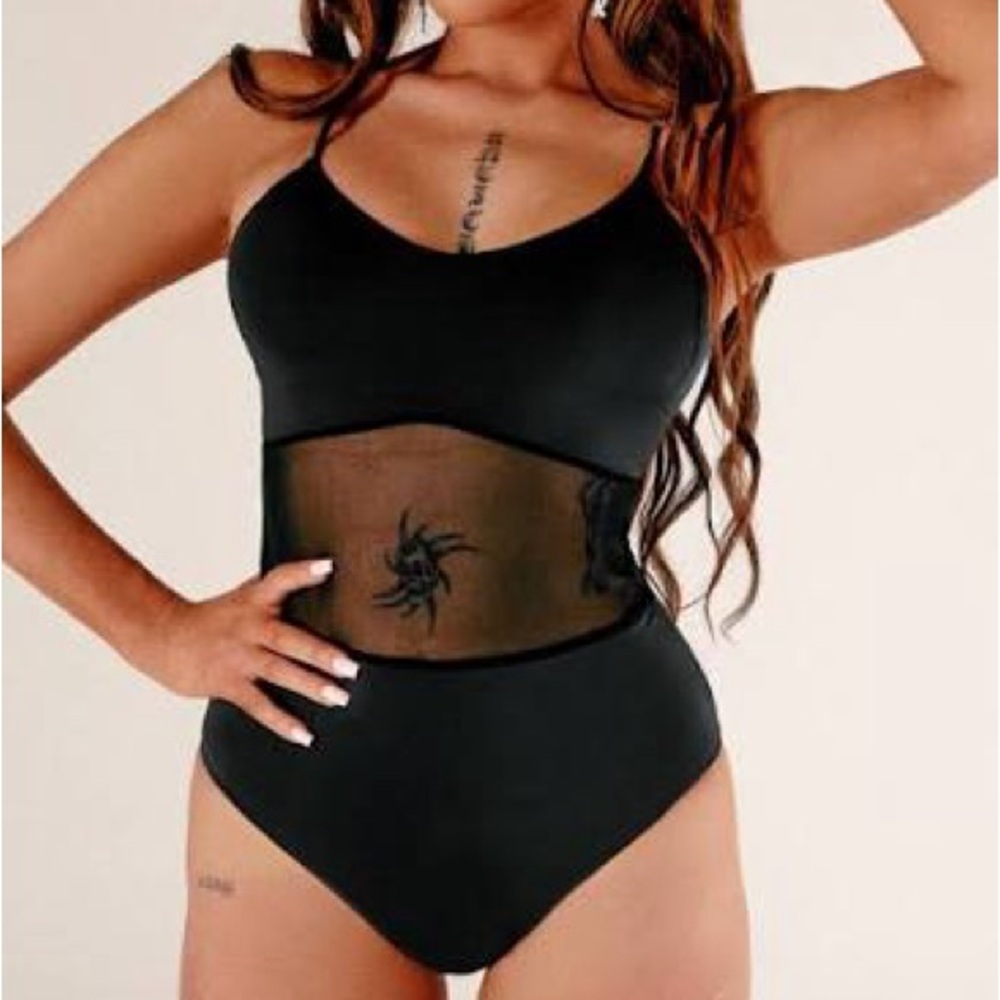 Chic Black Swimsuit with Mesh Spider Detail